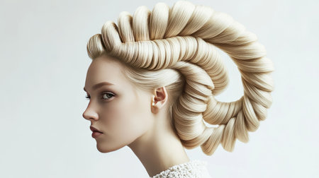 This striking image showcases an elegant blonde hairstyle, featuring intricate curls that emphasize beauty and fashion artistry in a stylish portrait.の素材