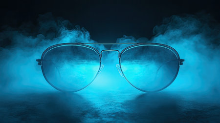 A pair of stylish sunglasses featuring reflective blue lenses is artistically displayed amid mystical blue smoke on a dark background, creating a modern, elegant atmosphere.の素材
