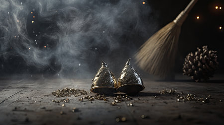 Glimmering antique brass bells rest elegantly on a rustic wooden floor, surrounded by shimmering decor and a gentle broom, evoking a cozy, festive ambiance.の素材