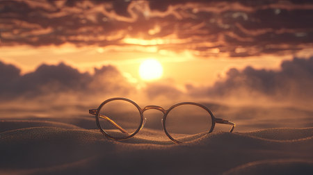 A serene sunset scene featuring a pair of round glasses resting on warm desert sand. The dramatic clouds and soft light create a peaceful atmosphere.の素材