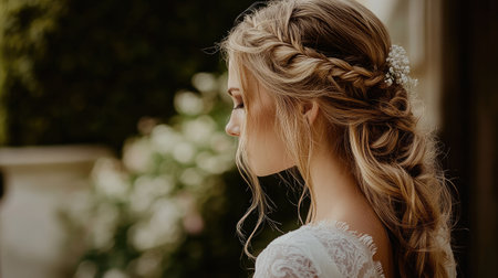 A stunning profile of an elegant bride showcasing a beautiful braided hairstyle adorned with floral accents in a romantic outdoor setting.の素材