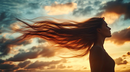 A captivating profile of a woman with long hair flowing in the wind, set against a stunning sunset sky. This image captures beauty and serenity in nature.の素材