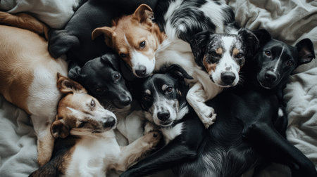 A heartwarming scene featuring a group of playful dogs enjoying a cozy moment together on a soft blanket. The image captures their endearing expressions, showcasing the bond and joy they share. This delightful gathering of furry friends exemplifies comfort and companionship.の素材