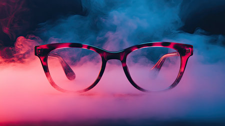 This artistic image showcases stylish eyeglasses set against a backdrop of colorful smoke, creating a striking and modern aesthetic. Perfect for fashion and eyewear themes.の素材