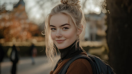 A youthful woman with a charming smile poses in a park, showcasing her stylish hairstyle amidst beautiful autumn scenery and soft, warm light.の素材
