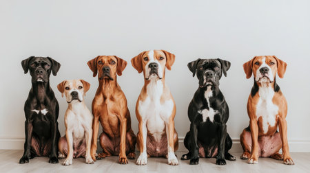 This image captures six adorable dogs sitting in a row, showcasing their unique personalities and charm against a soft, light background.の素材