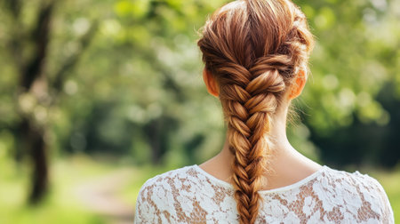 A young woman with intricately braided hair stands in a serene forest setting, surrounded by lush greenery and dappled sunlight, exuding tranquility and beauty.の素材