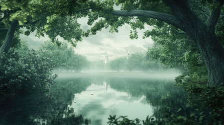 This tranquil landscape features a calm lake reflecting lush greenery and wind turbines, enveloped in a soft mist. It captures the serene beauty of nature.の素材