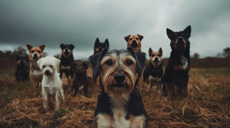 A heartwarming scene featuring a diverse group of dogs standing together in a field under a dramatic sky, showcasing their playful spirit and companionship.の素材