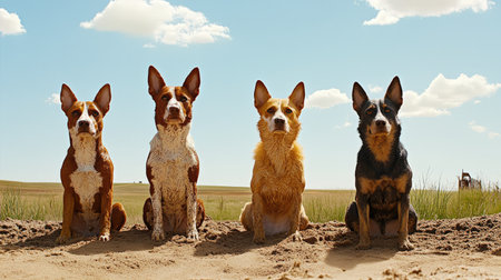 Four unique dogs sit side by side on sandy terrain, showcasing their distinct fur colors against a bright blue sky. The scene captures their loyalty and playful spirit in a serene outdoor setting.の素材