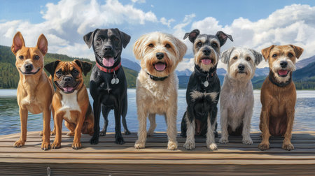 A vibrant scene of seven joyful dogs posing together by a peaceful lake. They exhibit playful energy, showcasing various breeds against a stunning natural backdrop.の素材