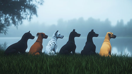 A beautiful scene depicting dogs of various breeds sitting in a row by a misty lake, surrounded by lush grass, capturing a serene and tranquil moment in nature.の素材