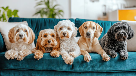 A delightful scene featuring five friendly dogs of various breeds sitting closely on a comfortable couch, showcasing their unique features and playful personalities.の素材
