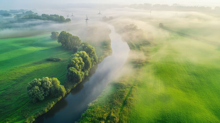 A serene aerial view of a river winding through lush green fields, enveloped in morning mist, accented by wind turbines against a tranquil backdrop.の素材