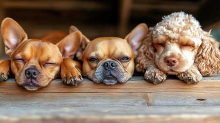 Three adorable dogs peacefully resting on a wooden surface, showcasing their unique features and cozy expressions in warm natural light.の素材