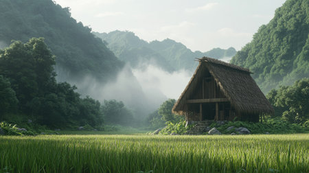 Captivating rural scene showcasing a traditional hut set against lush green mountains, with a vibrant rice field and rising morning mist creating a tranquil atmosphere.の素材