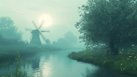 A stunning misty landscape featuring a classic windmill by a gentle river during sunrise, capturing the tranquil beauty of nature's morning light.の素材