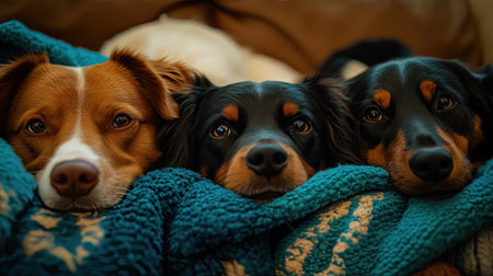 Three lovable dogs rest closely together, wrapped in a soft blanket, showcasing their unique personalities and playful bond in a cozy indoor environment.の素材