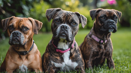 Three adorable dogs sit side by side on lush green grass, each showcasing unique coat patterns. Their expressions reflect curiosity and friendship in a sunny outdoor park.の素材