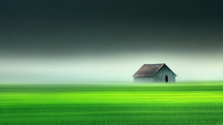 A tranquil landscape features a solitary rustic hut amidst a lush green field, enveloped by a soft mist and dramatic clouds, embodying serene isolation.の素材