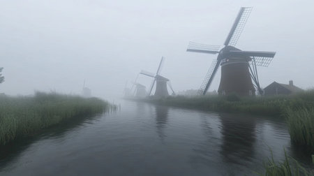 Enchanting scene featuring iconic windmills shrouded in mist, reflected in a serene river, surrounded by lush greenery and tranquil atmosphere.の素材