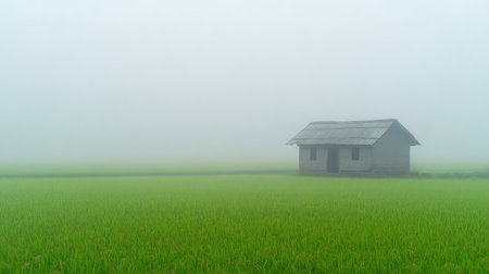 This tranquil image captures a solitary house in a lush green rice field enveloped in dense fog, creating a peaceful and serene atmosphere.の素材