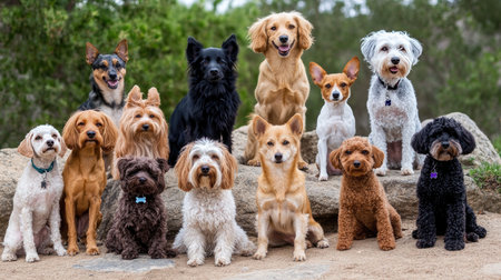 A cheerful group of dogs from various breeds joyfully posing outdoors on a rock formation, showcasing their unique personalities and bond.の素材