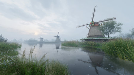 This serene image features traditional windmills nestled by a foggy waterway at dawn, capturing a tranquil rural landscape filled with natural beauty.の素材