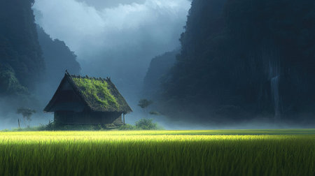 An enchanting rural scene featuring a traditional hut nestled in a vibrant green rice field, surrounded by misty mountains and a cascading waterfall.の素材