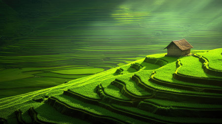 This stunning image captures a tranquil scene of terraced rice fields bathed in soft sunlight. An isolated hut rests amid the lush greenery, showcasing nature's beauty.の素材