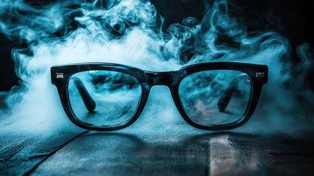 A pair of vintage black glasses sits amid swirling smoke, illuminated by a mysterious blue light, creating a captivating and enigmatic visual experience.の素材