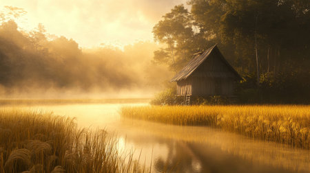 A breathtaking view of a rustic hut by a tranquil river, embraced by golden rice fields and dense greenery, illuminated by soft morning light.の素材