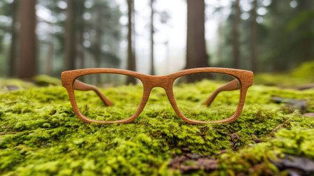 A pair of wooden framed glasses sits elegantly on lush green moss in a tranquil forest, surrounded by tall trees and a soft mist, creating a serene atmosphere.の素材