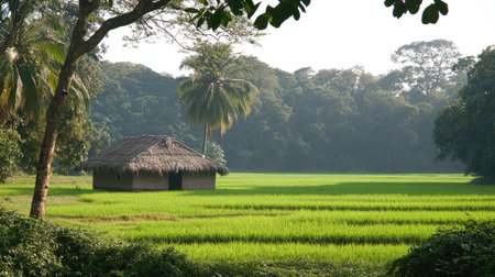 This tranquil rural scene features a traditional thatched house surrounded by vibrant green rice fields and a lush tropical forest backdrop, highlighting nature's beauty.の素材