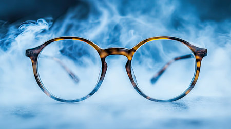 A pair of stylish round glasses with a tortoiseshell pattern sits amidst soft blue smoke, creating a captivating and artistic visual effect.の素材