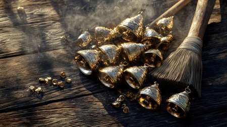 A captivating arrangement of golden bells alongside a traditional broom on a rustic wooden surface, enhanced by soft light and floating dust particles.の素材