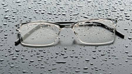 A close-up image capturing clear eyeglasses resting on a dark surface, adorned with glistening water droplets, highlighting clarity and freshness.の素材
