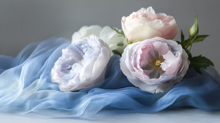 A captivating arrangement of soft pastel peonies resting on delicate blue fabric captures the essence of serenity and elegance, perfect for decor or art.の素材