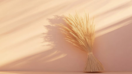 This image features a delicate arrangement of dried grass against a warm peach wall, casting soft shadows that enhance its natural beauty. Perfect for interior design.の素材