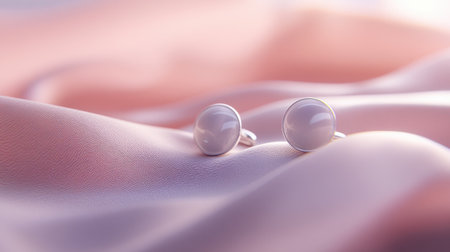 This image captures a pair of elegant pearl earrings resting on soft satin fabric. The delicate jewelry glimmers under gentle light, creating a serene and luxurious atmosphere perfect for fashion-focused presentations.の素材