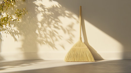 A serene and minimalist scene featuring a yellow broom resting against a wall, beautifully illuminated by soft sunlight and gentle shadows, creating an inviting atmosphere.の素材