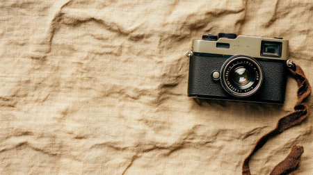 A vintage camera rests on crumpled fabric, showcasing the classic design and aesthetic of photography equipment. Ideal for art and nostalgia themes.の素材