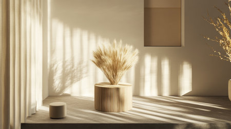 This image features a serene minimalist interior design showcasing dried plants, soft lighting, and neutral tones, creating a tranquil and inviting atmosphere.の素材