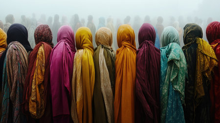 A vibrant scene showcasing a diverse group of women draped in colorful scarves, gathered in a misty landscape, reflecting cultural richness and unity.の素材