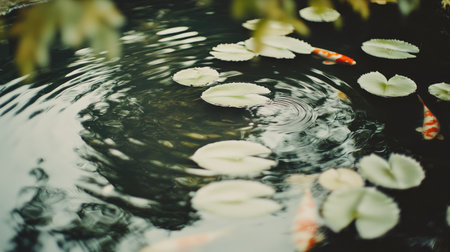 A peaceful view of a pond showcasing lily pads and vibrant koi fish swimming gracefully, surrounded by a calm and serene natural environment.の素材
