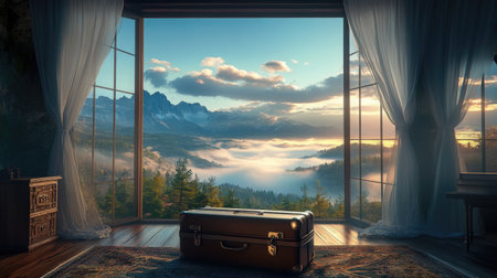 A stunning view of mountains at dawn from a cozy room featuring a vintage suitcase, surrounded by fog and verdant forests, creating a serene escape.の素材