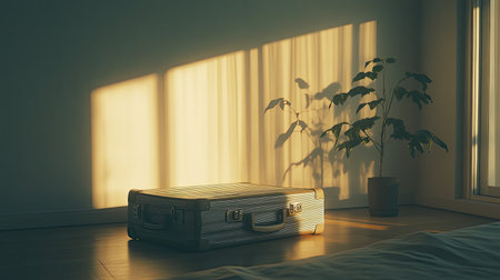 A vintage suitcase sits elegantly on a wooden floor beside a leafy plant, illuminated by warm sunlight streaming through a window, evoking feelings of nostalgia and adventure.の素材