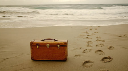 A vintage suitcase rests on a sandy beach, surrounded by ocean waves and footprints, evoking a sense of adventure and nostalgia. Perfect for travel themes.の素材