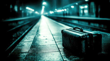 An evocative image of a lonely suitcase left on a deserted train platform at night, shrouded in fog and dim lighting, evoking feelings of mystery and solitude.の素材