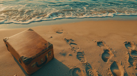 A vintage suitcase rests on a sandy beach, with gentle waves lapping nearby as the sun sets. This scene evokes a sense of adventure and tranquility, inviting travelers to explore.の素材